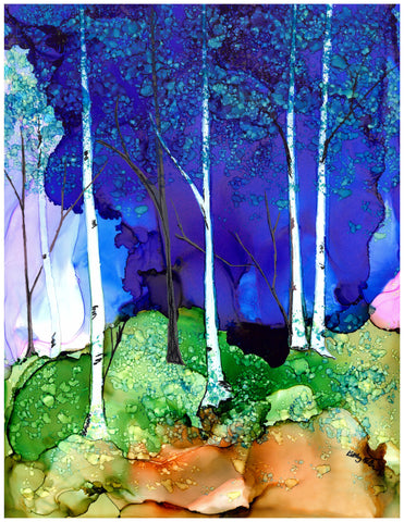 Birch Trees with Dark Night Landscape Wall Art Print 8x10