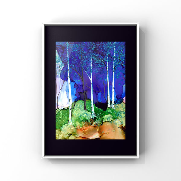 Birch Trees with Dark Night Landscape Wall Art Print 8x10